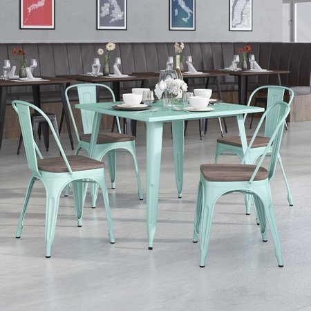 FLASH FURNITURE Mint Green Metal Stackable Chair with Wood Seat 4-ET-3534-MINT-WD-GG